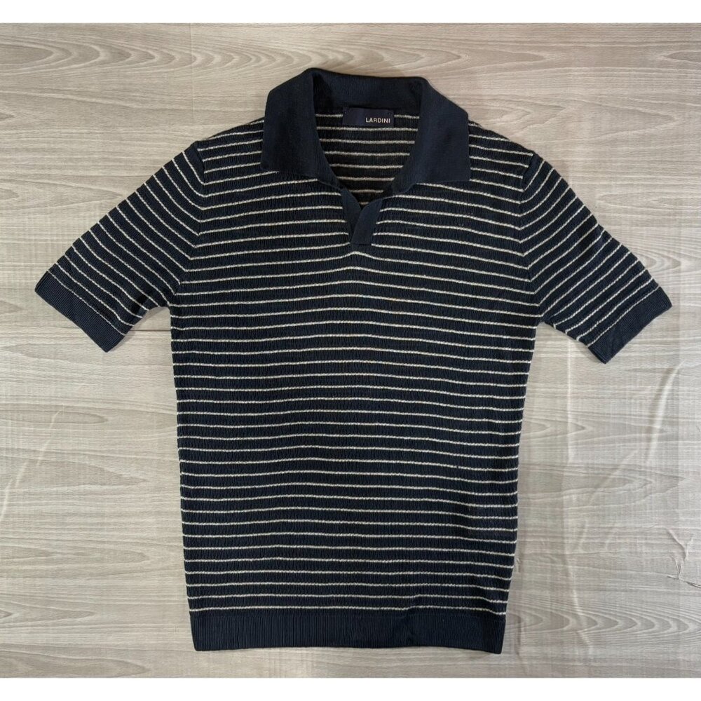 Lardini 100% linen knit polo shirt size 48 US M color navy ivory NWOT mspr $585